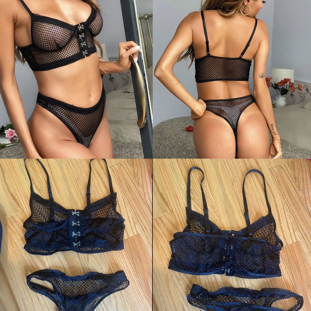 Sexy Black Mesh Corset and Thong Set Small